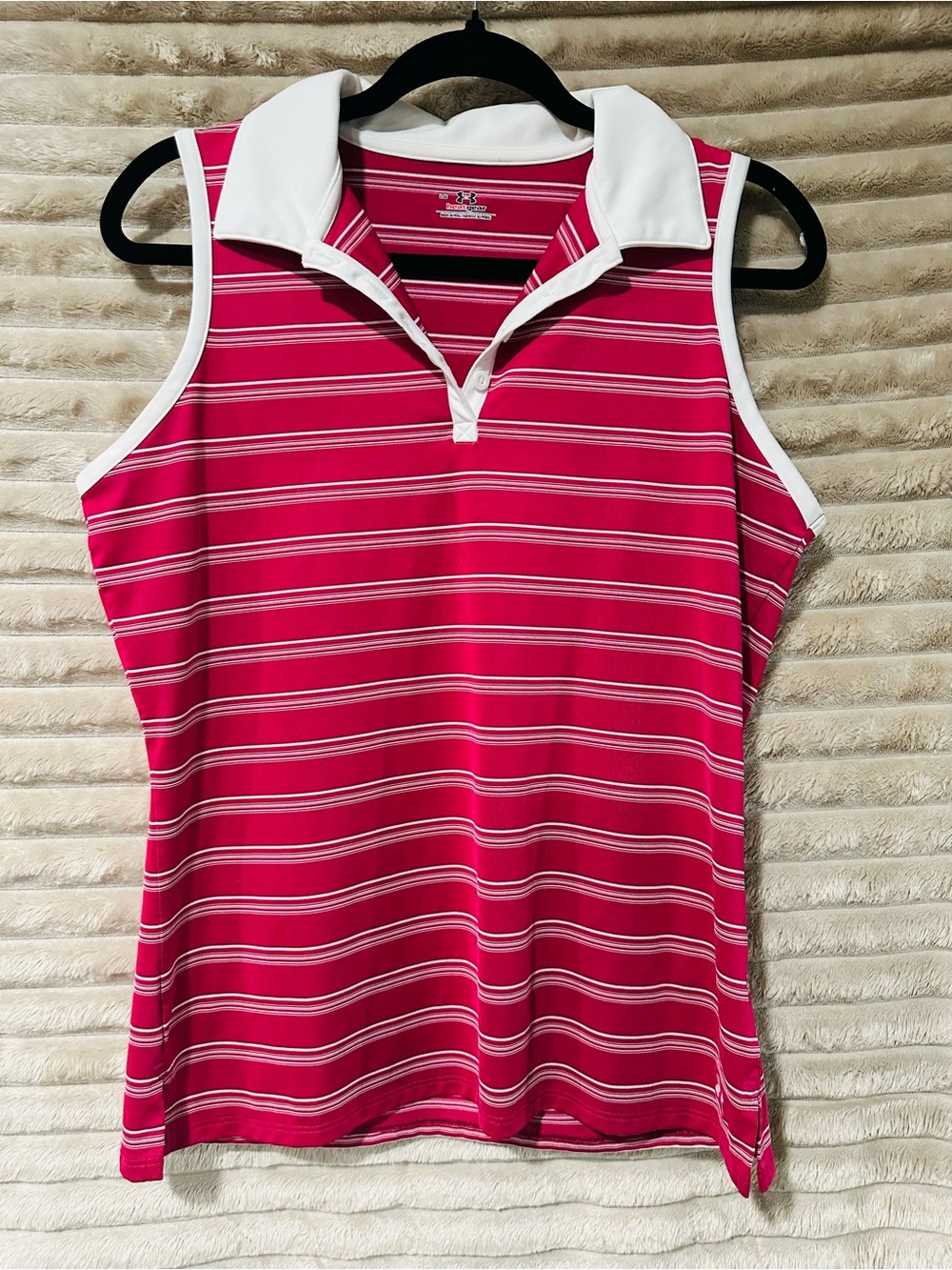 Sleeveless Striped Polo Tank in Hot Pink & White - heat gear